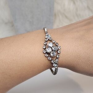 Vintage Art Deco Style Rhinestone Link Bracelet Silver Tone 1950s Retro Costume